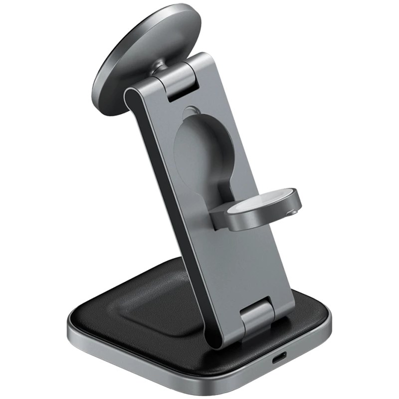 SATECHI 3-in-1 Sulankstomas Qi2 belaidis įkrovimo stovas (Space Gray) su A, C, G tipo kištukais