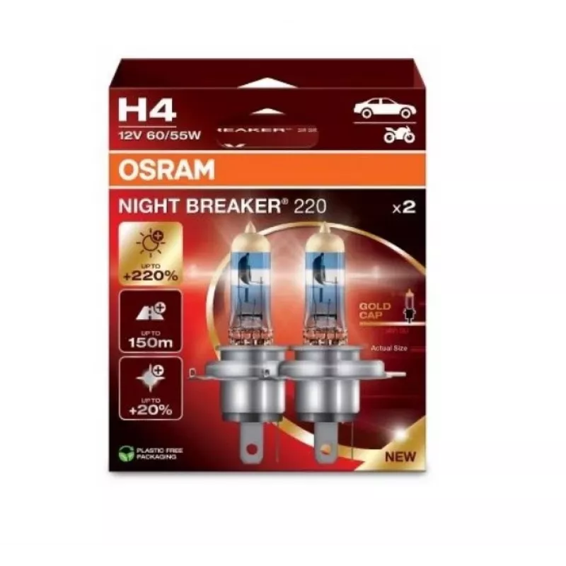 Halogeninė priekinė lemputė Osram NIGHT BREAKER 220 H4 — dviejų komplektas, 12V 60/55W