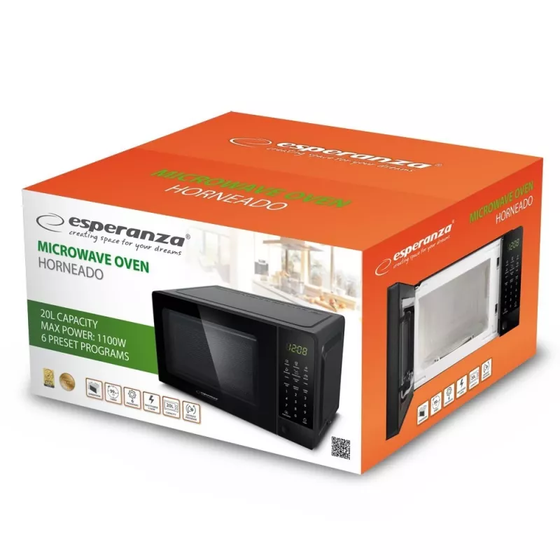 Mikrobangų krosnelė Solo ESPERANZA EKO009 — 700 W, 20 L, LED ekranas, jutiklinis valdymas, 24,5 cm stiklinė lėkštė, juoda