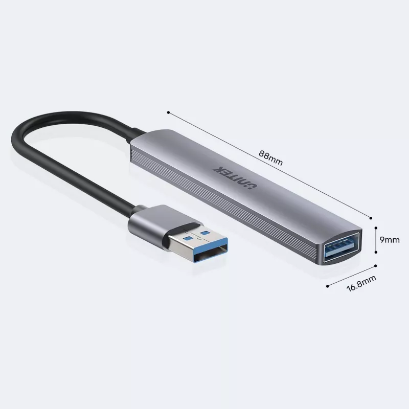 USB šakotuvas Unitek H1208A — 4 prievadai (1 × USB 3.2 Gen 1 Type-A, 3 × USB 2.0), aliumininis korpusas, pilka, 0,20 m laidas