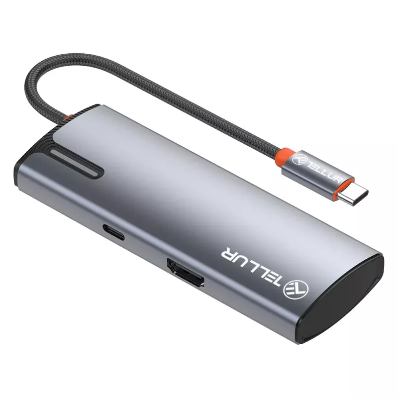 USB-C centrinis įrenginys Tellur TLL321061 su PD 3.0 100W, HDMI išėjimu ir 3× USB 3.0 prievadais