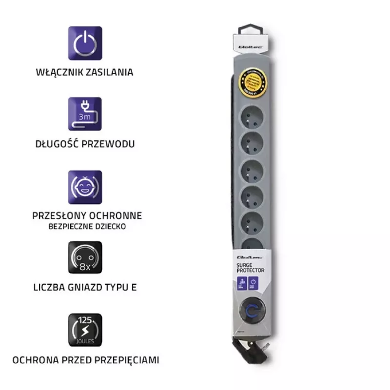 Qoltec 50168 apsauginis filtras su 8 lizdais, 3 m, pilkas