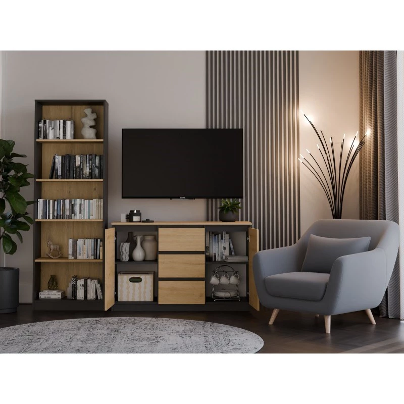 Komoda Topeshop 2D3S ANT/ART BA KPL – antracitas ir ąžuolas, 3 stalčiai