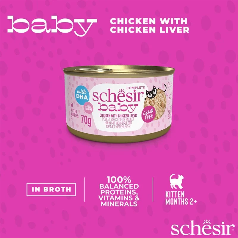 Šlapias kačių ėdalas Agras Pet Foods Schesir Baby in Brühe 70 g – vištiena, be grūdų, jaunoms katėms