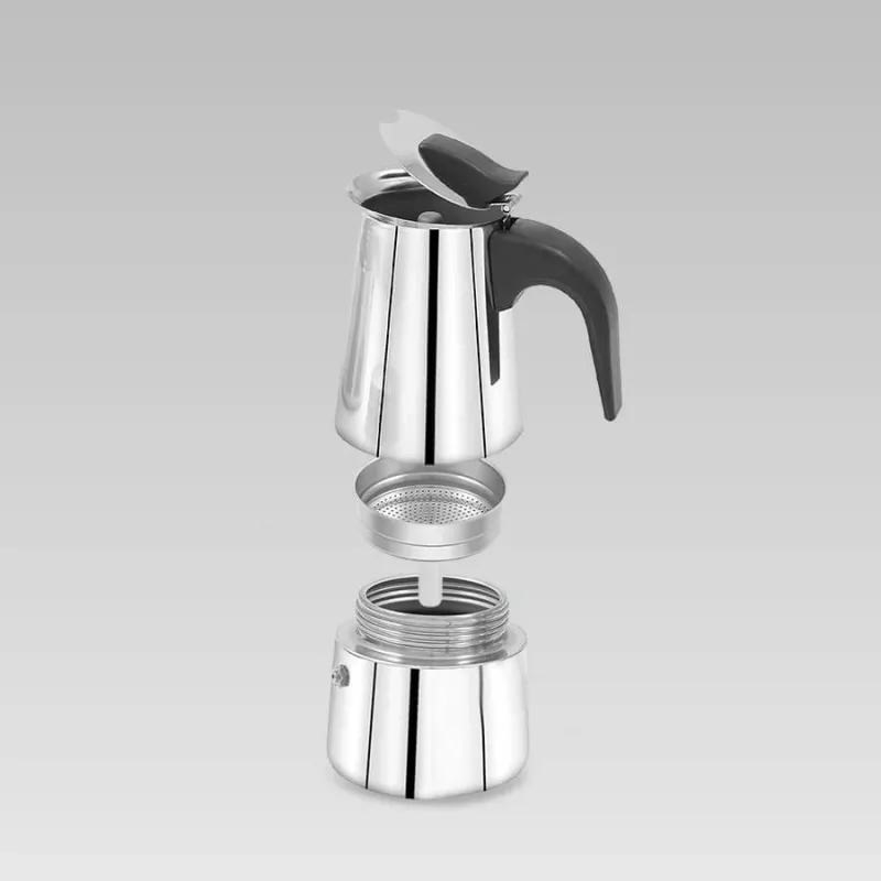 Moka puodas Maestro MR-1660 0,2 L nerūdijančio plieno kavos virimo aparatas ant viryklės, 4 puodeliams, juoda rankena