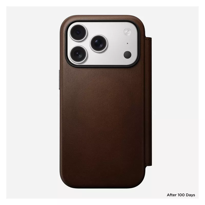 Odininis dėklas su atvartu Nomad Modern Leather Folio, skirtas iPhone 17 Pro, rudos spalvos, tinka 6,3 colio (16 cm) ekranui, 4 kortelių kišenės