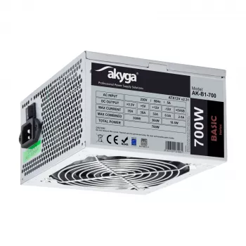 Akyga AK-B1-700 Basic 700 W ATX maitinimo blokas, pasyvusis PFC, 120 mm ventiliatorius, pilkas