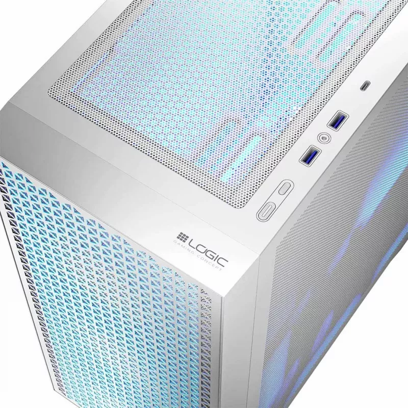 PC korpusas LOGIC Dart Pro Midi ARGB baltas — Midi Tower, ATX, 456×200×385 mm, max GPU 34 cm, CPU aušintuvo aukštis 155 mm, 3x120mm priekyje + 1x120mm gale, USB 3.0 x2, USB-C x1