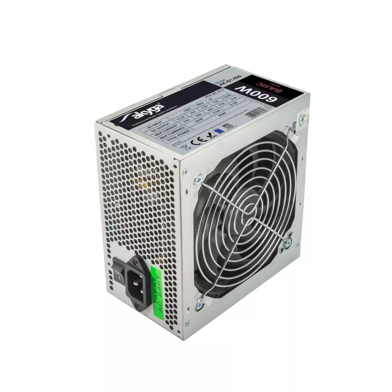 Akyga Basic AK-B1-600 ATX maitinimo blokas 600 W, 120 mm ventiliatorius, pasyvus PFC, pilkas