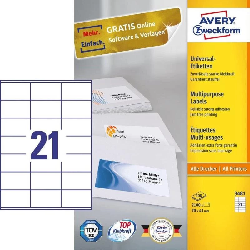 Avery 3481 lipnūs etikečių lapai, balti, stačiakampiai, 2100 vnt.