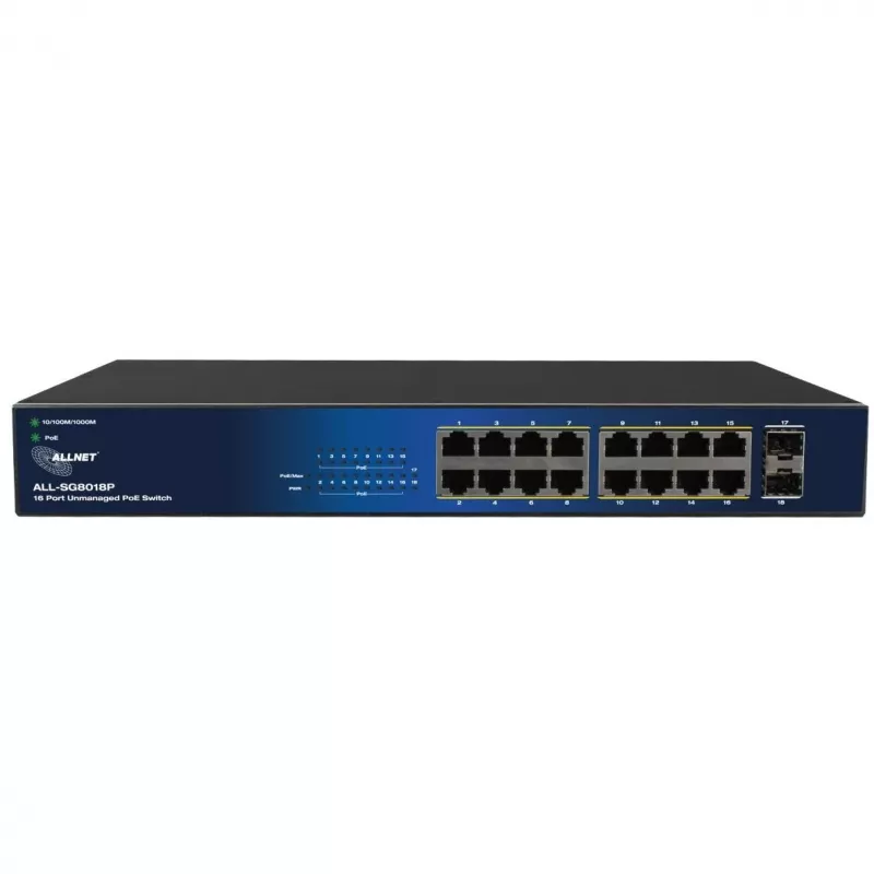 ALLNET 18-portų Gigabit PoE jungiklis ALL-SG8018P — 16 PoE prievadų + 2 uplink, Gigabit Ethernet