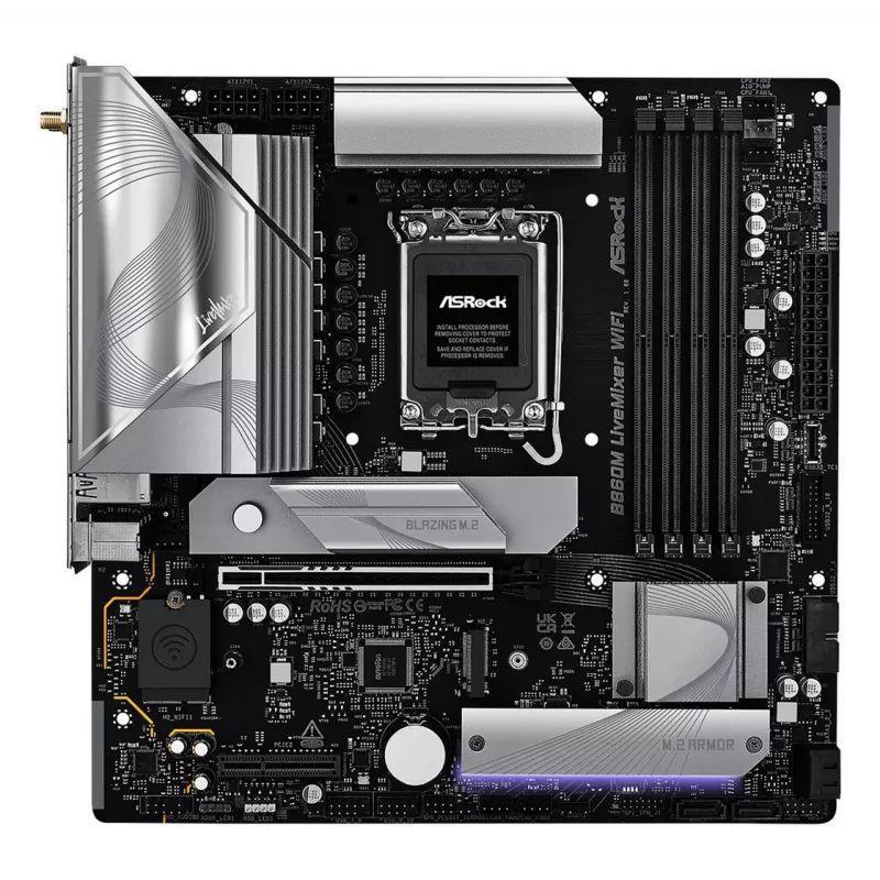Pagrindinė plokštė ASRock B860M LiveMixer WiFi — Intel B860, LGA 1851, micro ATX, DDR5, 4x DIMM, Wi‑Fi 6E, 2.5Gb LAN