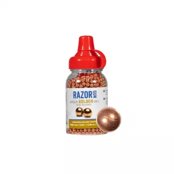 Šratiniai šratai RazorGun 4.46 mm plieniniai BB, varinė danga, 1500 vnt., plastikinė dozavimo talpa