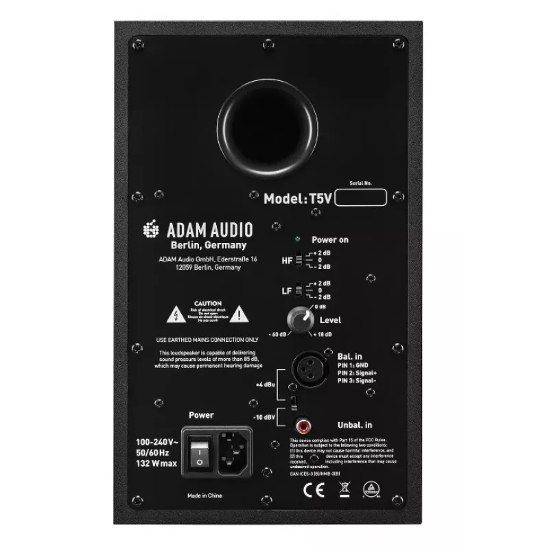 Studijiniai monitoriai ADAM AUDIO T5V, 5 col. žemųjų dažnių garsiakalbis, 1,9 col. aukštųjų dažnių garsiakalbis, 45–25 000 Hz, 106 dB, juodi