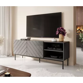 Spintelė AV/TV Cama Meble ABETO RTV ant juodo plieninio rėmo 150x42x60 cm grafito/glotnaus grafito