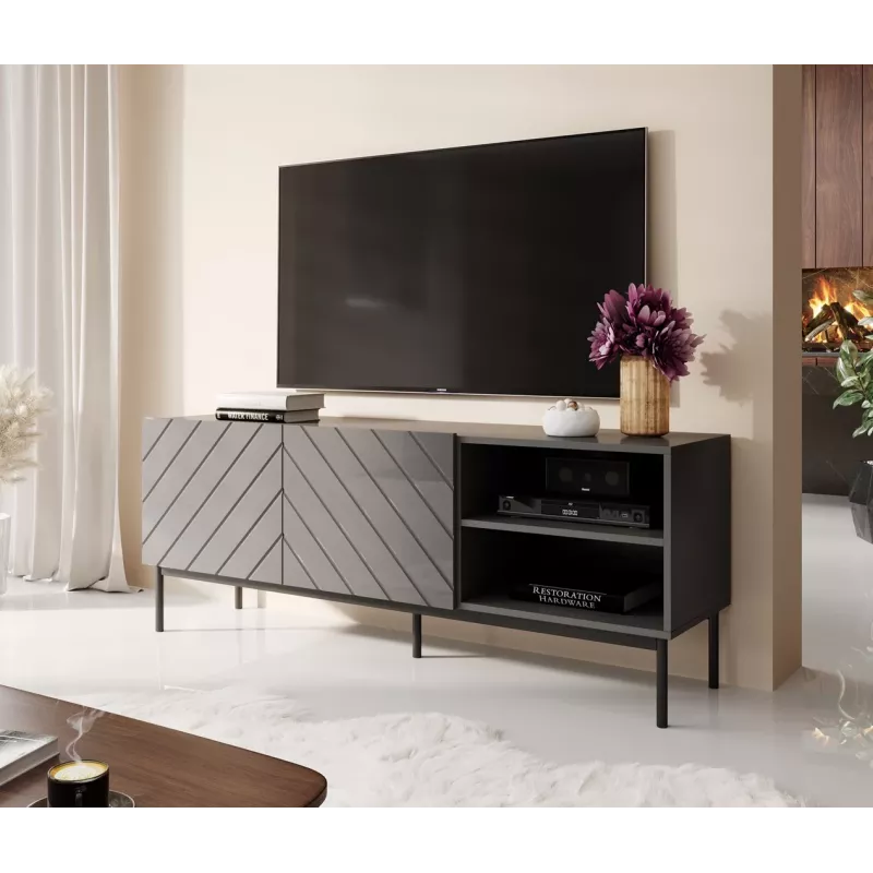Spintelė AV/TV Cama Meble ABETO RTV ant juodo plieninio rėmo 150x42x60 cm grafito/glotnaus grafito