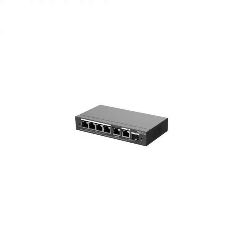 Valdomas PoE jungiklis RUIJIE RG-ES206GS-P — L2, 6x Gigabit RJ-45, 1x SFP, 4 PoE prievadai (54 W biudžetas), 12 Gbit/s, debesų valdymas