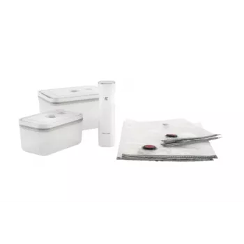 Vakuuminis indas ZWILLING 36807-007-0, plastikinis stačiakampis maisto indas, 1,1 l ir 2,3 l, sandariai užsidarantis dangtelis, išimamas, permatomas baltas