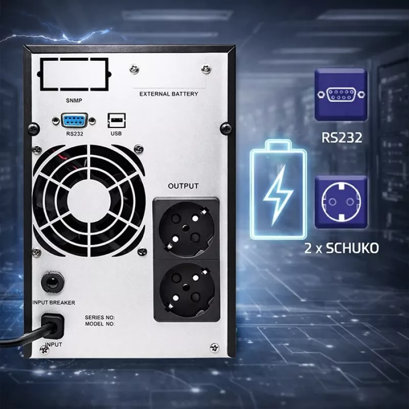UPS QOLTEC Grynoji sinusinė banga 1kVA 800W su AVR ir LCD ekranu
