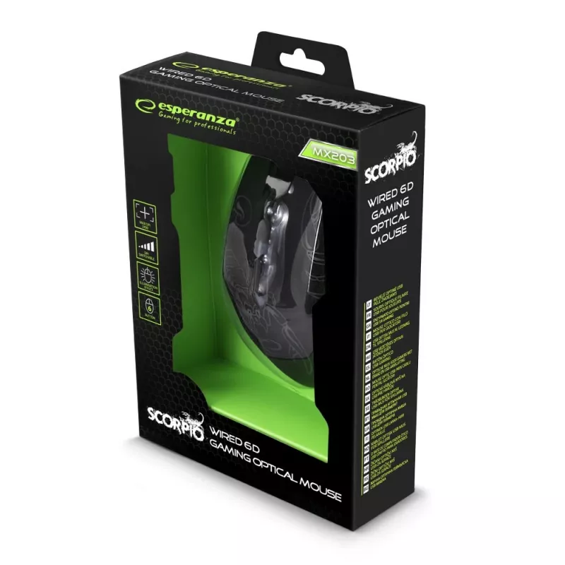 Esperanza MX203 SCORPIO – žaidimų pelė, USB, mėlyna, optinė, 6 mygtukai, juoda