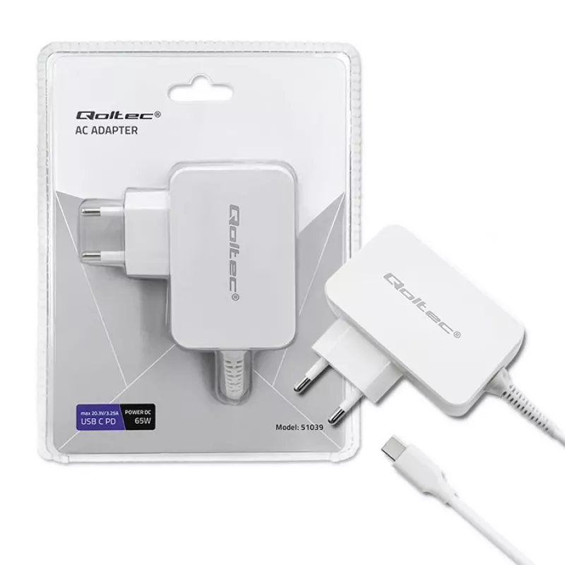 Qoltec 51039 65 W USB-C PD maitinimo adapteris, 5–20,3 V, 2–3,25 A, integruotas USB-C laidas, baltas