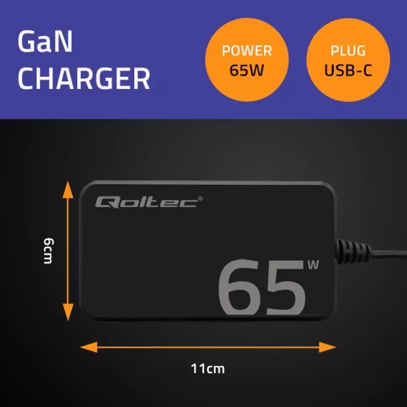 QOLTEC 65W GaN Super Fast SLIM PD 5-20V 3.25A USB-C įkroviklis
