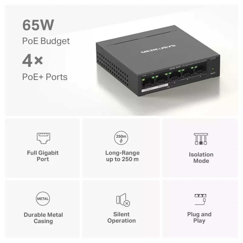 Mercusys 5 prievadų gigabitinis darbalaukio tinklo jungiklis su 4 PoE+ prievadais