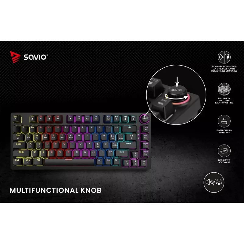 Savio Phenix SAVGK-RED belaidė mechaninė klaviatūra (82 klavišai, 75 %, Gateron Pro, RGB, RF 2,4 GHz / Bluetooth / USB)