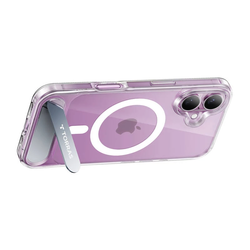 Dėklas Torras Pstand Series iPhone 16 Plus — skaidrus apsauginis dėklas su integruota kojykle