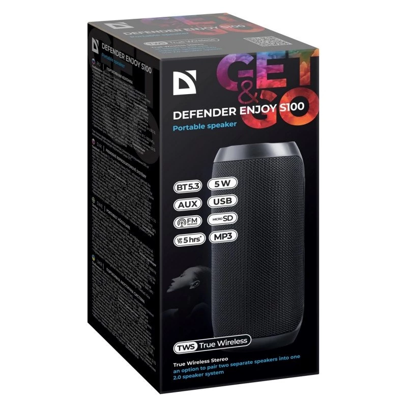 Nešiojamas belaidis garsiakalbis DEFENDER ENJOY S100 — 10W, Bluetooth 5.3, 5h baterija, LED apšvietimas, įmontuotas mikrofonas
