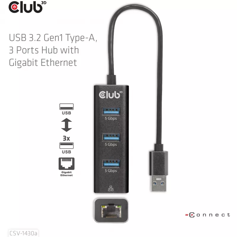 USB 3.2 Gen1 3 prievadų USB-A šakotuvas su Gigabit Ethernet – CLUB3D CSV-1430a