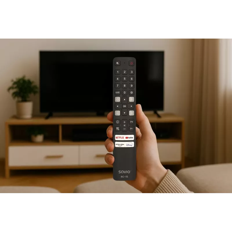 SAVIO universalus televizoriaus pultelis RC-15 TCL SMART TV, IR belaidis, juodas, veikimo nuotolis 10 m