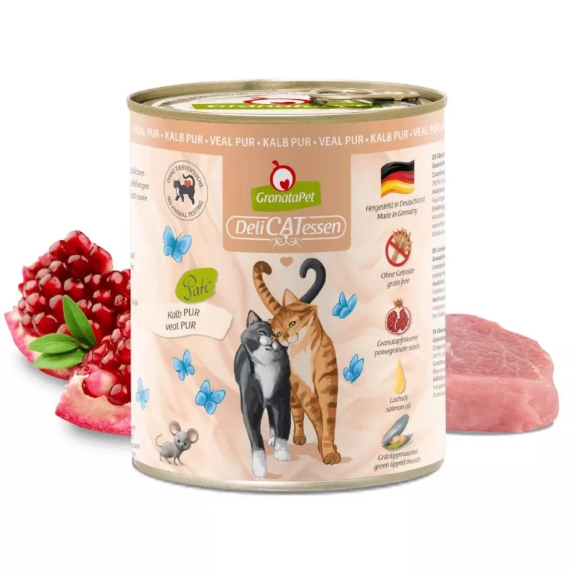 Šlapias kačių ėdalas Fox4Pets DeliCATessen Pur Veršiena 800 g skardinė, suaugusioms katėms, visavertis pašaras, hipoalerginis, be glitimo ir sojos