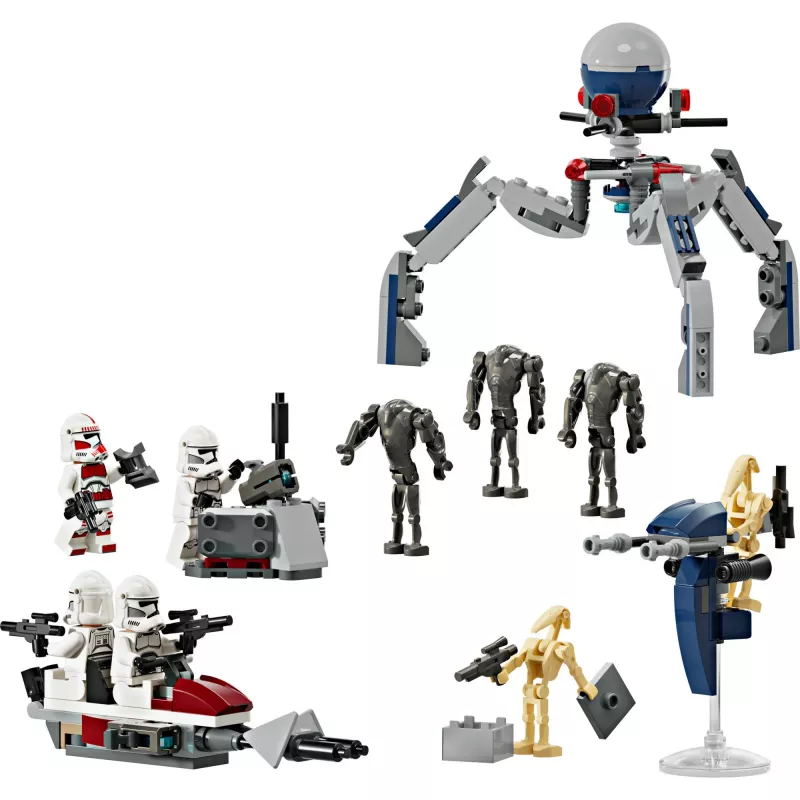 LEGO Star Wars Clone Trooper & Battle Droid Battle Pack – žaislų rinkinys su greičio dviračiu, 4 minifigūrėlėmis ir 5 figūrėlėmis, dovana berniukams