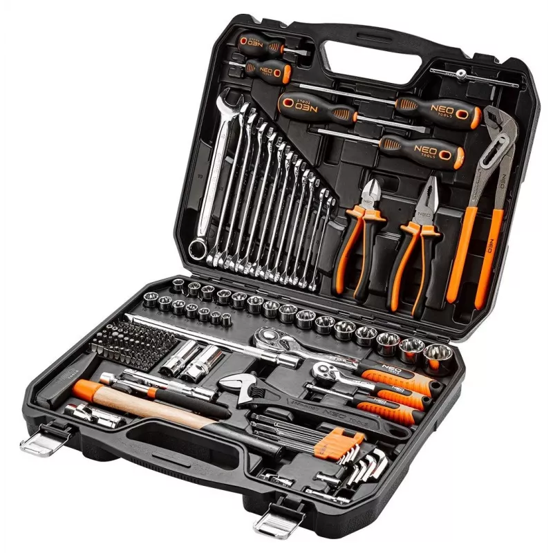 Įrankių rinkinys NEO tools 08-945 142 dalių, 1/4 inch ir 1/2 inch lizdai, su dėklu