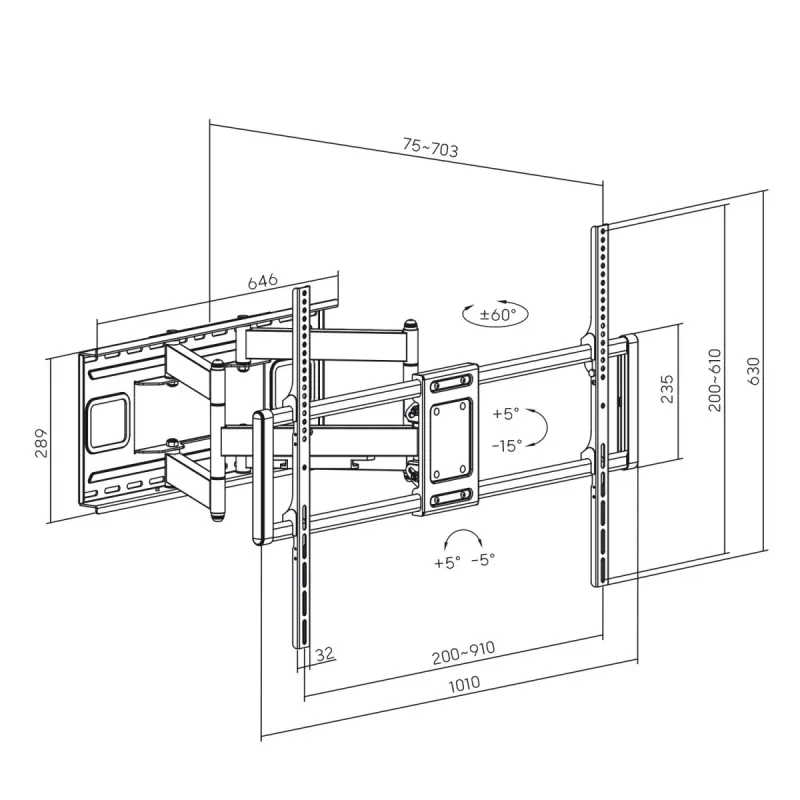 Maclean MC-482 TV laikiklis sieninis 60-120 colių plokščiiems ir lenktiems TV, iki 120 kg, VESA 900x600, pasukamas, pakreipiamas ir sukamas