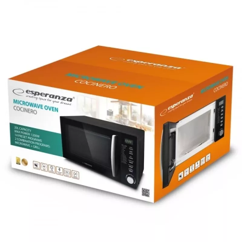 Mikrobangų krosnelė kombinuota ESPERANZA COCINERO EKO010, 1200 W, 20 L, grilis 900 W, LED ekranas, juoda