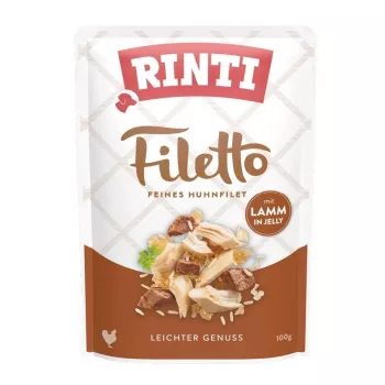 Šlapias šunų ėdalas RINTI Filetto vištienos filė su ėriena 100 g pakelis, pilnavertis suaugusių šunų ėdalas, 14% baltymų, 1% riebalų, 82% drėgmės