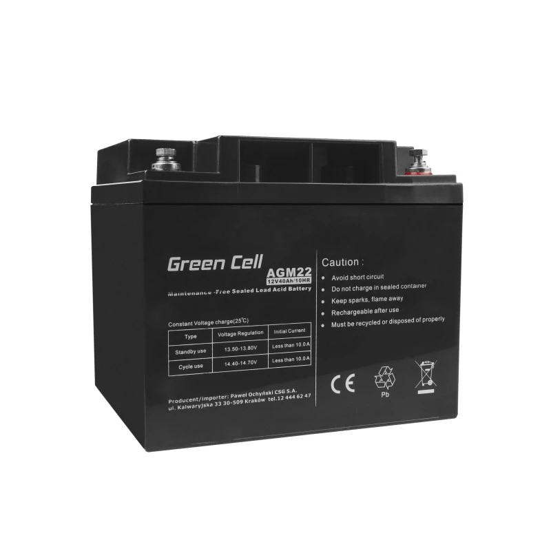 UPS baterija Green Cell AGM22 — Sandarus švino rūgšties akumuliatorius 12V 40Ah (VRLA), 170×165×197 mm, 12,1 kg