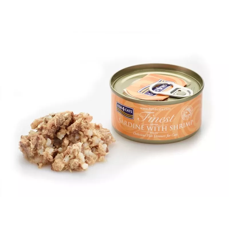 Šlapias kačių ėdalas FISH4DOGS Sardinė su krevetėmis 70 g – pilnavertis konservuotas ėdalas suaugusioms katėms, žuvies skonio