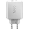 USB-C dviejų prievadų greitasis įkroviklis, PD, GaN, 65 W (baltas, 1x USB-C, 1x USB-A, Power Delivery)