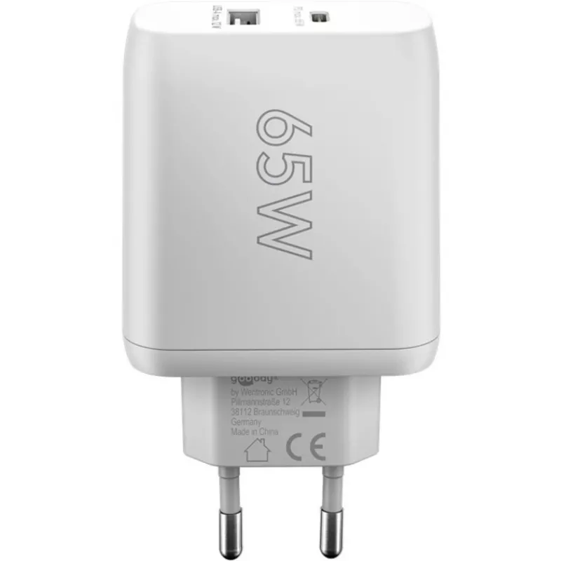 USB-C dviejų prievadų greitasis įkroviklis, PD, GaN, 65 W (baltas, 1x USB-C, 1x USB-A, Power Delivery)