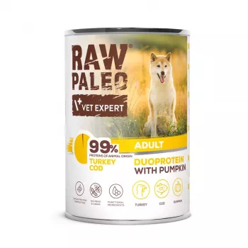 RAW PALEO Duoprotein Turkey & Cod Adult – šlapias šunų ėdalas – 400g