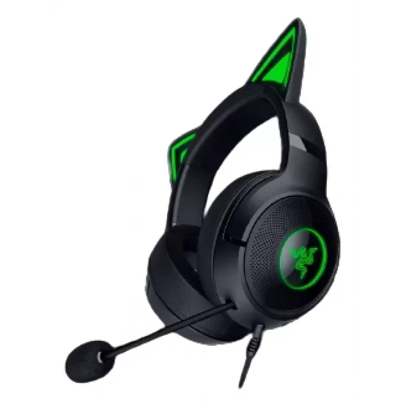Ausinės žaidimams Razer Kraken Kitty V2 - Juodos, su kačių auselėmis ir RGB apšvietimu