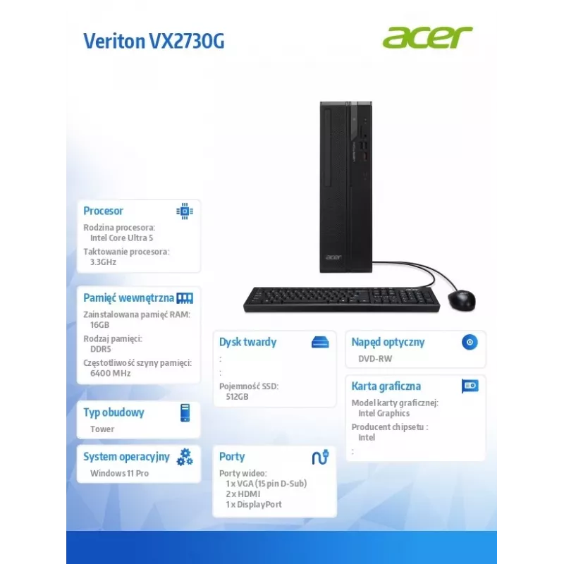 Stalinis kompiuteris Acer Veriton VX2730G U5 225, 16 GB RAM, 512 GB SSD, Windows 11 Pro