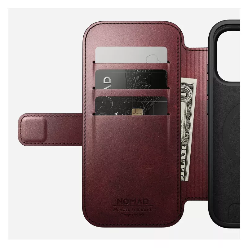 Dėklas mobiliesiems telefonams Nomad Modern Leather Folio, skirtas Apple iPhone 17 Pro, 6,3 colio (16 cm), odinis, bordo spalvos