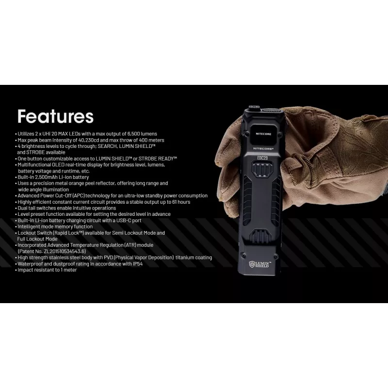 Rankinis žibintuvėlis Nitecore EDC29 nerūdijančio plieno korpusas, 2 LED, 15–6500 lm, IP54, įkraunamas per USB