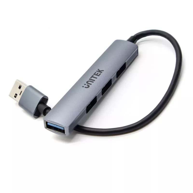 USB šakotuvas Unitek H1208A — 4 prievadai (1 × USB 3.2 Gen 1 Type-A, 3 × USB 2.0), aliumininis korpusas, pilka, 0,20 m laidas