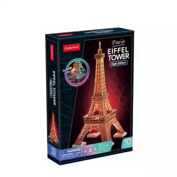 3D dėlionė Cubicfun Eiffel Tower Night Edition LED modelis 306-L534H – apšviestas architektūrinis 3D puzzle