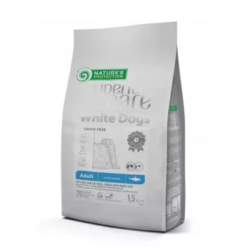 Sausas šunų ėdalas Nature's Protection White Dogs Silkė suaugusiems mažų veislių 1,5 kg – žuvis, 25% baltymų, 16% riebalų, jautriam skrandžiui, pilnavertis pašaras